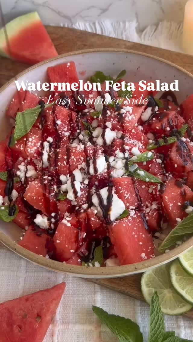 So refreshing & easy to make🍉☀️Ingredients🍋‍🟩- cubed watermelon - mint leaves - lime juice - vegan feta cheese @followyourheart - balsamic glaze Instructions🍉1. To a large bowl, add the cubed watermelon, mint leaves, and a squeeze of lime juice.2. Top with feta cheese and a drizzle of balsamic glaze. Enjoy!🥰 #watermelonsalad #watermelon #summersalad #saladrecipe #watermelonfetasalad #salad #summerrecipes #healthyrecipes #viralsalad #saladideas #refreshingsalad #easysalad #easyrecipes #sidesalad #sidedish